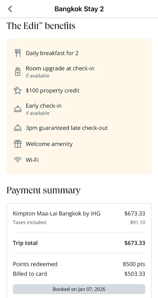 Chase The Edit Booking Receipt: Total $673.33, paid $3.33 after credits and points